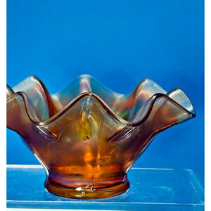 Vintage Carnival Glass Ruffled Bowl Marigold Iridescent Flared Dish 7" Art Glass
